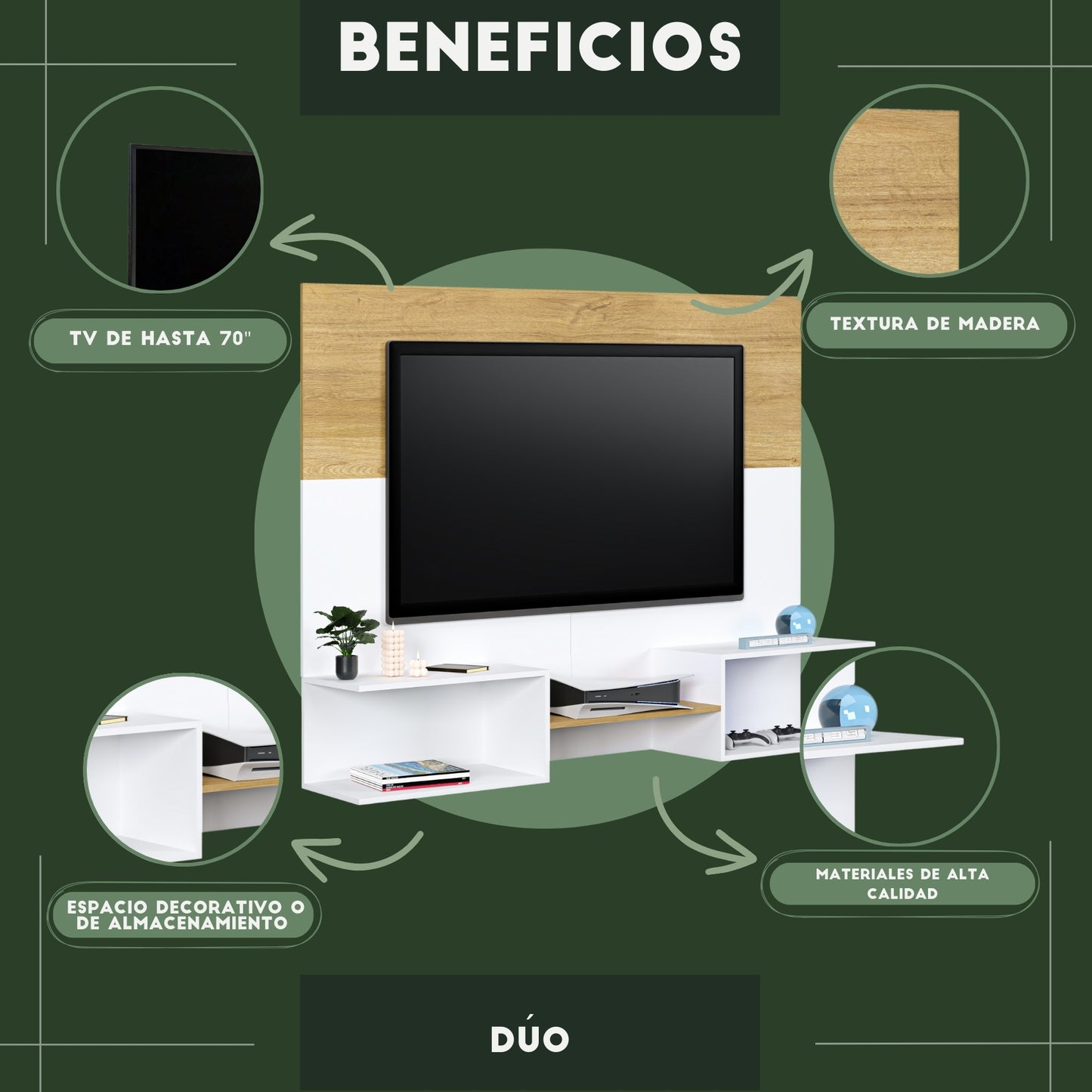 Mueble De Tv Panel Dúo Blanco y Roble