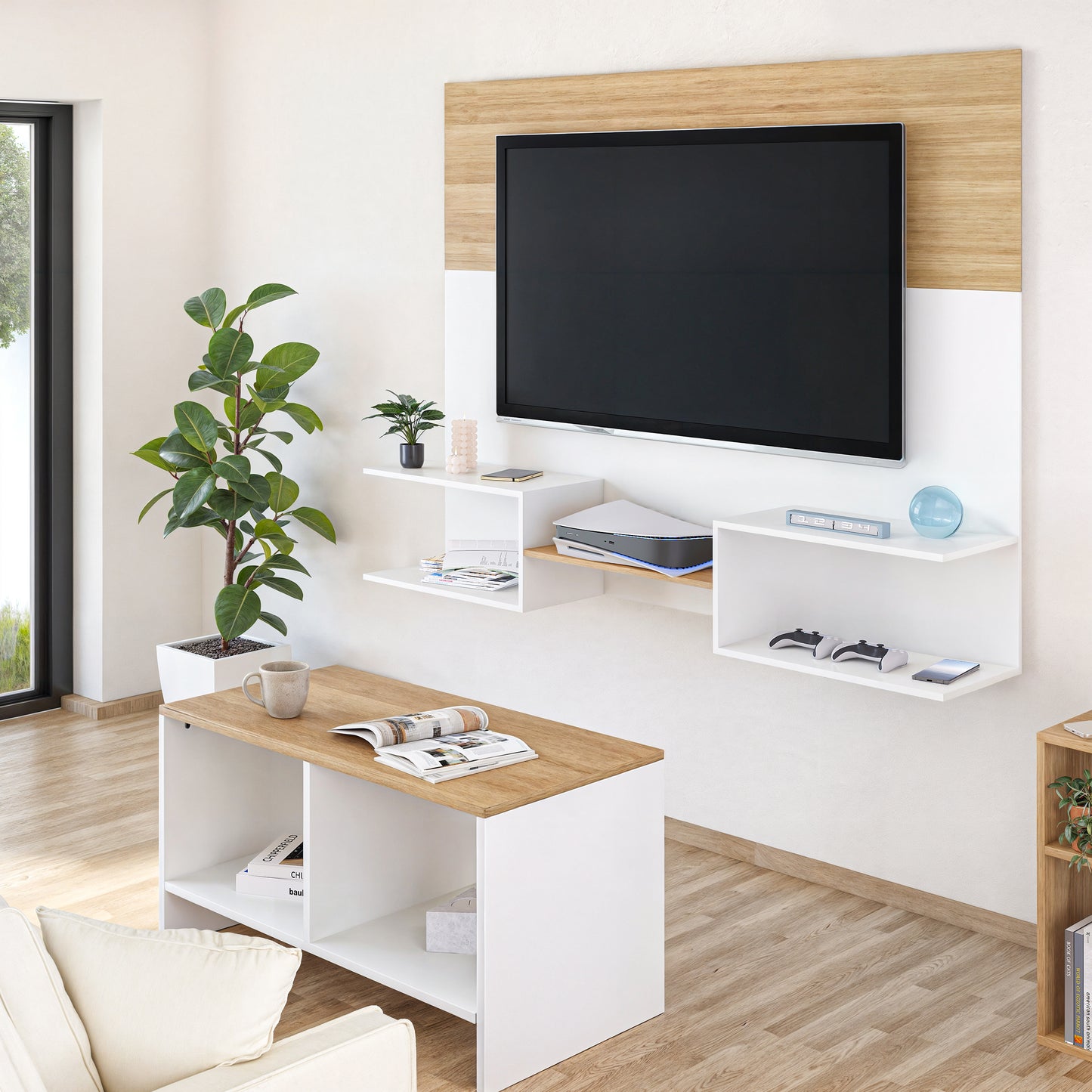 Mueble De Tv Panel Dúo Blanco y Roble
