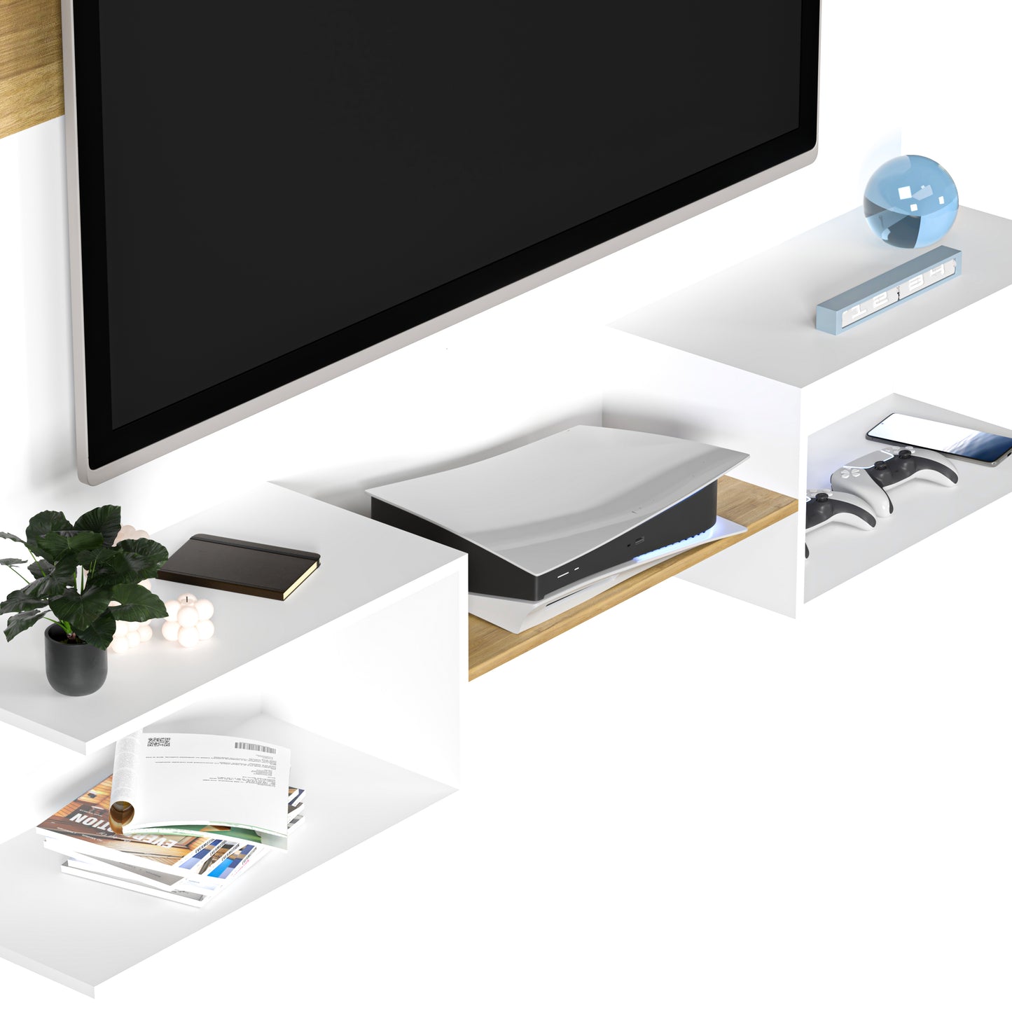 Mueble De Tv Panel Dúo Blanco y Roble