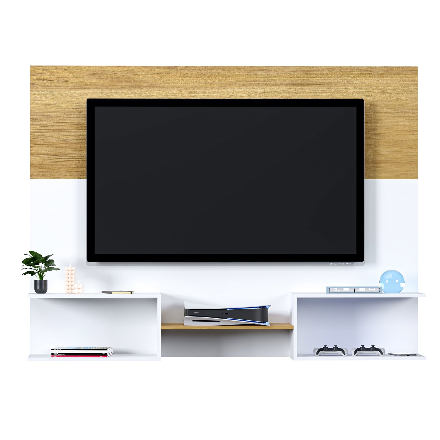 Mueble De Tv Panel Dúo Blanco y Roble