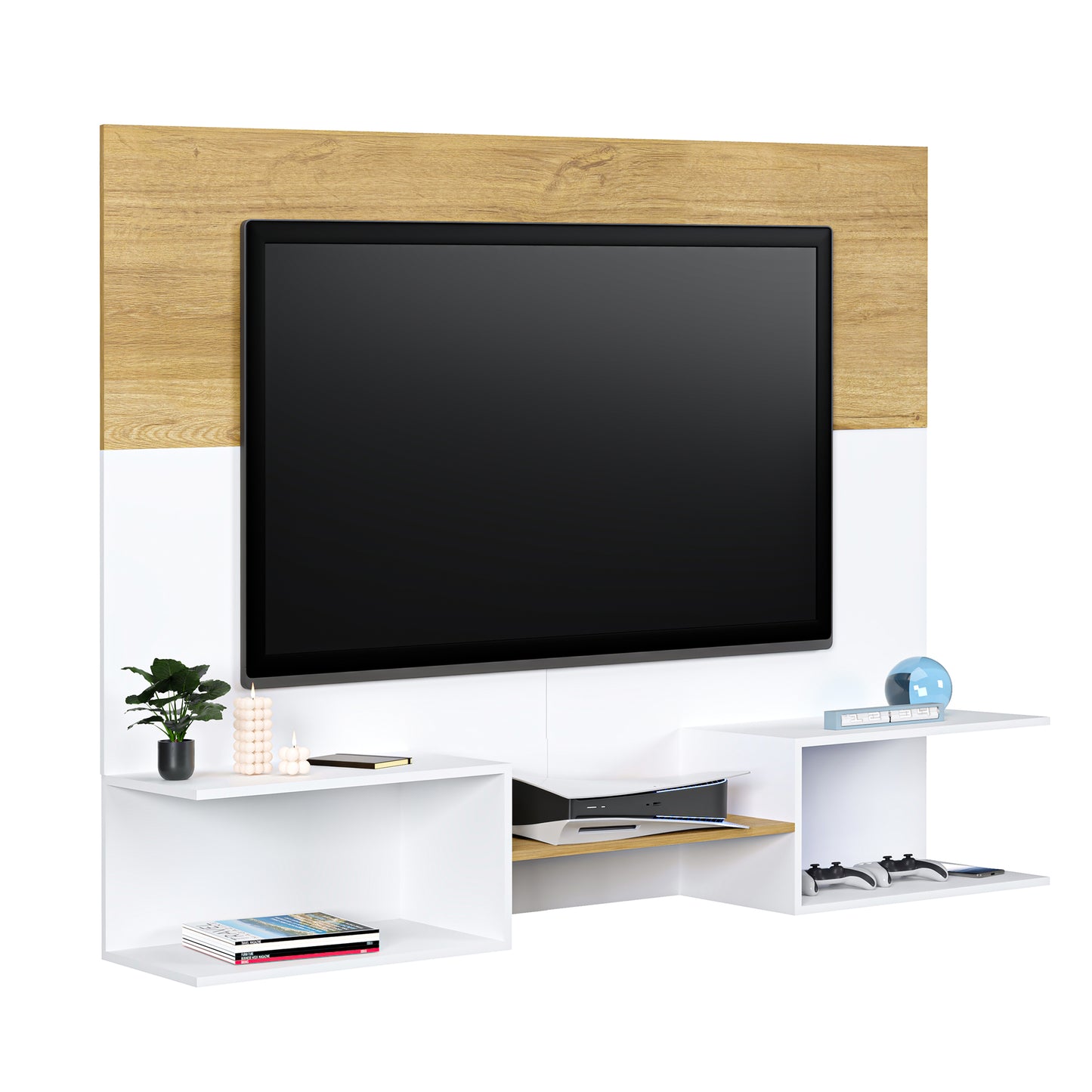 Mueble De Tv Panel Dúo Blanco y Roble