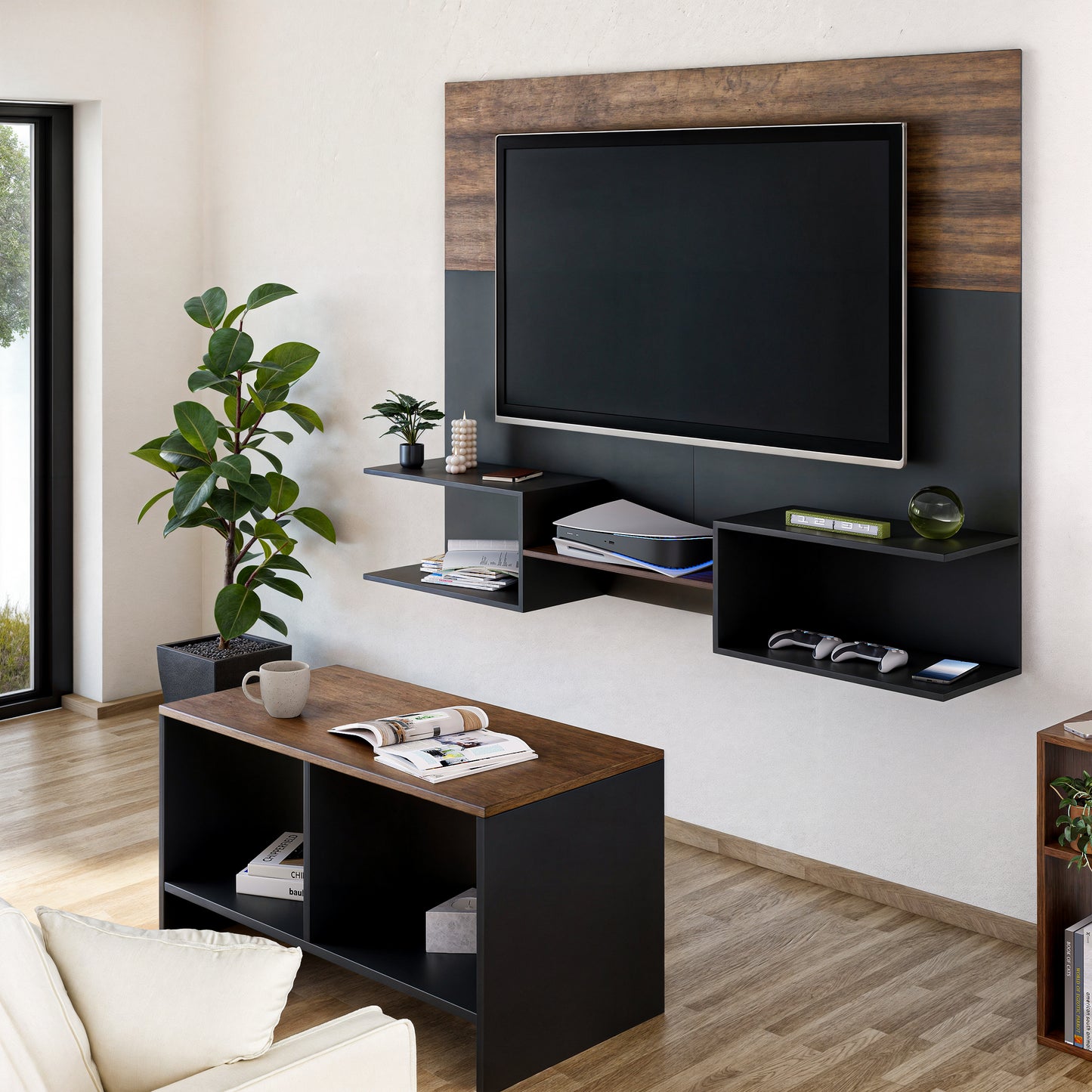 Mueble De Tv Panel Dúo Negro y Latte